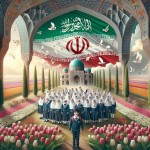 دانش آموزان ابتدایی با لباس مدرسه خوشحال با پوشش اسلامی درزیر پرچم ایران که بصورت سقف گنبدی  بالای سر بچه ها باشه وسط پرچم کلمه الله وهمه متحد باهم در قسمت پایین تصویر دشت لاله بصورت پراکنده، در دوطرف تصویر چندین درخت سرو ودر آسمان ابر و چندین کبوتر در حال پرواز