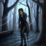 دختری مشکی پوش در فضای ترسناک  بین سایه ها در جنگل