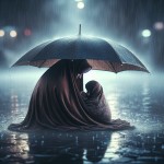 مادر ایرانی که هنگام باران ، فرزند خویش را زیر چادرش پناه داده است.