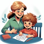 مادری که با آرامش و خندان درحال املا گفتن به فرزندش است مادر حجاب نداشته باشد