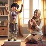 یک کودک روی سکوی خیالی با مدال بر گردنش ایستاده و مادرش اورا تشویق میکند