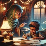 یک مادر که در حال داد زدن سر کودکش است و فرزندش با گریه مشق مینویسد