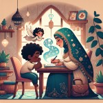 یک مادر که با آرامش با فرزندش در حال نوشتن مشق های کودک هستند