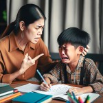 مادری ک درحال داد زدن فرزندش است و کودکی که با گریه مشق مینویسد مادر حجاب نداشته باشد
