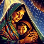 مادری که هنگام باران ، فرزند خویش را زیر چادرش پناه داده است.