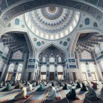یک تصویر بساز از درون یک مسجد سفید با کاشی های آبی و معماری ایرانی که عده ای در حال نماز خواندن در آن هستند