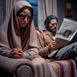 یک زن با حجاب در خانه روی مبل در حال گریه کردن نشسته است و یک مرد در کنار او در حال خواندن روزنامه است و بسیار عصبانی است