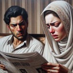 یک مرد در خانه روی مبل نشسته است و در حال خواندن روزنامه است و یک زن با حجاب در کنار او نشسته است و در حال گریه کردن است و مرد در حالی که روزنامه میخواند عصبانی است و سر همسر حخود داد میکشد