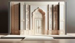 طرح یک دیوار با طراحی کاغذ دیواری و کادر های چوبی مدرن که در وصط آن یک در با قوس بالا و برده کنار جمع شده  مانند هتل ها یا امارت های عروسی باشد