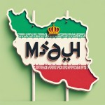 کلمه پادشاه به حروف فارسی وسط نقشه ایران مناسب تابلوی بیرون مغازه برام بساز و رنگ پرچم ایران داخلش باشه