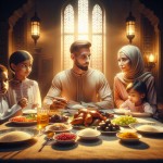 زن و شوهر مسمان ب همراه فرزندان بر سر سفره افطار
