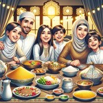 خانواده مسلمان شاد  ایرانی  با 3 فرزند بر سر سفره افطار ماه مبارک رمضان