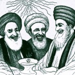 تصویر فردوسی و سعدی در کنار هم درحال خندیدن به حافظ