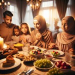 خانواده ای با 2 فرزند دختر محجبه بر سر سفره افطار نشسته اند