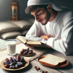 یک جوان ایرانی در حال قرآن خواندن در ماه رمضان است که در جلوی او یک ظرف خرما و تکه ای نان و یک لیوان شیر است