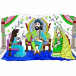 شهریار شاه بر روی تخت پادشاهی و در حال استراحت و همسرش شهرزاد در کنار تخت در حال قصه گفتن برای شاه