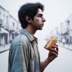 یک جوان ایرانی در خیابان ایستاده است و در حال خوردن یک ساندویچ است و پشت او سفید است
