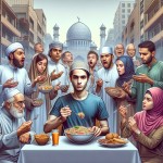 یک تصویر بساز یک یک جوان ایرانی در ماه رمضان در شهر جلوی دیگران در حال خوردن غذا است و دیگران  با تعجب به او نگاه می کنند