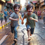 دو کودک 8 ساله ایرانی در دستشان فشفشه گرفته اند و در خیابان در حال دویدن و خوشحالی هستند