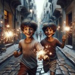 دو کودک پسر 8 ساله ایرانی در دستشان فشفشه و وسایل آتش بازی گرفته اند و در خیابان در حال دویدن و خوشحالی هستند