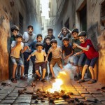 تعدادی کودک پسر در کوچه در حال بازی هستن و در کنار آنها آتش روشن است و انفجار کوچکی در کنار آنها اتفاق افتاده و آنها ترسیده اند