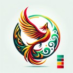 Create an artistic logo featuring the mythical Iranian bird, Simurgh (Homa), flying around the Earth. The bird should be depicted in mid-flight, with its wings spread wide, circling the globe in a dynamic, upward motion. The logo should be circular, with vibrant colors such as red, gold, and green, representing Persian culture. The design should feel majestic, with a sense of motion, like the bird is soaring upwards, similar to the Firefox logo but with a Persian mythical theme