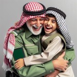 یک پلیس ایرانی با لباس سبز و با موهای سفید و ریش و سبیل کوتاه یک کودک پسر ایرانی را در آغوش گرفته است و در حال خندیدن هستند