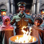 یک پلیس ایرانی با لباس سبز در حال خندیدن در کنار آتش به همراه دو کودک ایرانی است که در خیابان ایستاده اند