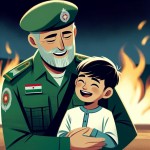 یک پلیس ایرانی با لباس سبز و با موهای کوتاه سفید و ریش و سبیل کوتاه ، یک کودک پسر ایرانی را در آغوش گرفته است و در حال خندیدن هستند و در پشت آنها آتش قرار دارد