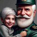 یک پلیس ایرانی با لباس سبز و با موهای سفید و ریش و سبیل کوتاه سفید یک کودک پسر ایرانی را در آغوش گرفته است و در حال خندیدن هستند