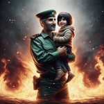 یک پلیس ایرانی با لباس سبز و با موهای کوتاه سفید و ریش و سبیل کوتاه ، یک کودک پسر ایرانی را در آغوش گرفته است و در حال خندیدن هستند و در پشت آنها آتش قرار دارد