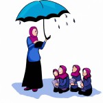 عکس یک معلم با حجاب کامل و چادر که چتر مهربانی و آموزش و پیشرفت دانش آموزانش را به دست دارد و روی سر دانش آموزانش گرفته ایست
