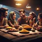 مرد ایرانی، کنار سفره هفت سین همراه با همسر و دو فرزند، خوشحال و درحال گفتگو با هم
