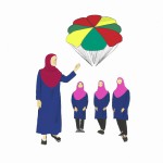 عکس یک معلم با حجاب کامل و چادر که چتر مهربانی و آموزش و پیشرفت دانش آموزانش را به دست دارد و روی سر دانش آموزانش گرفته است