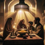 مرد ایرانی، کنار سفره هفت سین همراه با همسر و دو فرزند، در یک اتاق قدیمی ایرانی خوشحال و درحال گفتگو با هم