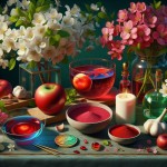 یک تصویر بساز از یک سفره بهاری که در اطراف آن شکوفه و گل قرار دارد ، در وسط سفره سیب ، سکه ، یک کاسه از پودر قرمز ، یک کاسه مایع قرمز یک ظرف شیشه ای که درون آن ماهی قرمز قرار دارد یک ظرف از گیاه سبز با روبان قرمز دور آن ، سیر سفید و شمع سفید قرار دارد