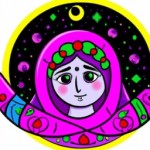 یک تصویر دایره‌ای زیبا و هنرمندانه طراحی کن که مناسب دختران کودک باشد و فرهنگ ایرانی-اسلامی را به شکلی جذاب و کودکانه نمایش دهد.