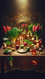 "سفره هفت‌سین نوروزی با سبزه، سیب سرخ، سکه‌های درخشان، سیر، سمنو، سنجد و سرکه. آینه، شمع‌های روشن، سنبل‌های شکفته و تنگ ماهی قرمز، در فضایی سرشار از نور و امید."