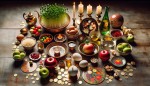 سفره هفت‌سین نوروزی با سبزه، سیب سرخ، سکه‌های درخشان، سیر، سمنو، سنجد و سرکه. آینه، شمع‌های روشن، تخم مرغ های نقاشی شده، ماهی های قرمز در تنگ شیشه ای