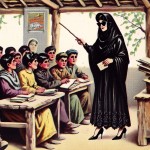 یک کلاس قدیمی روستایی ایران خانم معلم 33 ساله باعینک آفتابی نه عینک معمولی دانش آموزان 20 سال به بالا پسر در دست معلم چوب خانم معلم مانتو سیاه چادر سیاه وکفش پاشنه بلند دارد ودرحال دعوا کردن دانش اموزان است