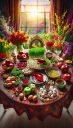 یک سفره هفت‌سین سنتی ایرانی با چیدمانی زیبا و منظم: سبزه، سیب، سیر، سماق، آینه، تخم‌مرغ رنگی، و ماهی قرمز در تنگ شیشه‌ای. سفره با پارچه‌ای اصیل پوشیده شده و گل‌های بهاری اطراف آن را احاطه کرده‌اند. نور خورشید از پنجره می‌تابد و فضای شاد و پرطراوت نوروز را تکمیل می‌کند.