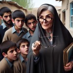یک خانم معلم چاق قد کوتاه باعینک دودی و کفشهای پاشنه بلند وچادری سختگیر در روستایی درایران و 4 پسر بزرگسال 30ساله که دارد آنها تنبیه می کند