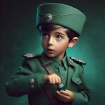 یک تصویر بساز از یک کودک پسر ایرانی 10 ساله که لباس پلیس ایرانی سبز را پوشیده و در دست خود یک ظرف گرفته است