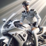 یک تصویر بساز از یک پلیس مرد ایرانی با لباس سفید و موتور سفید