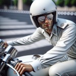 یک پلیس مرد ایرانی با لباس سفید و موتور سفید و کلاه موتور سواری سفید و عینک آفتابی