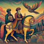تصویر فردوسی سوار بر اسب رستم و در کنار آن رستم ایستاده باشد و کتاب شاهنامه به دستش باشد و در آسمان سیمرغ در حال پرواز کردن باشد و وزن ها و ارکان عروضی نیست در قسمتی از کناره های تصویر به صورت کم‌رنگ طراحی شده باشند.