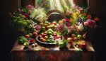 یک سفره هفت‌سین سنتی ایرانی با چیدمانی زیبا و منظم: سبزه، سیب، سیر، سماق، آینه، تخم‌مرغ رنگی، سفره با پارچه‌ای اصیل پوشیده شده و گل‌های بهاری اطراف آن را احاطه کرده‌اند. نور خورشید از پنجره می‌تابد و فضای شاد و پرطراوت نوروز را تکمیل می‌کند.