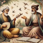 تصویر سعدی و حافظ در حال نواختن موسیقی و خواندن شعر