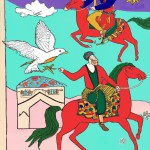 تصویر کارتونی فردوسی سوار بر اسب رستم و در کنار آن رستم ایستاده باشد و کتاب شاهنامه به دستش باشد و در آسمان سیمرغ در حال پرواز کردن باشد و وزن ها و ارکان عروضی نیست در قسمتی از کناره های تصویر به صورت کم‌رنگ طراحی شده باشند.