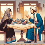 یک تصویر واقعی با جزئیات از یک مرد و زن مسلمان با پوشش مناسب که تو خونه سنتی ایرانی سر میز شام نشیته‌اند و روبروی هم دارند غذا می‌خورند و با هم گفتگو می‌کنند